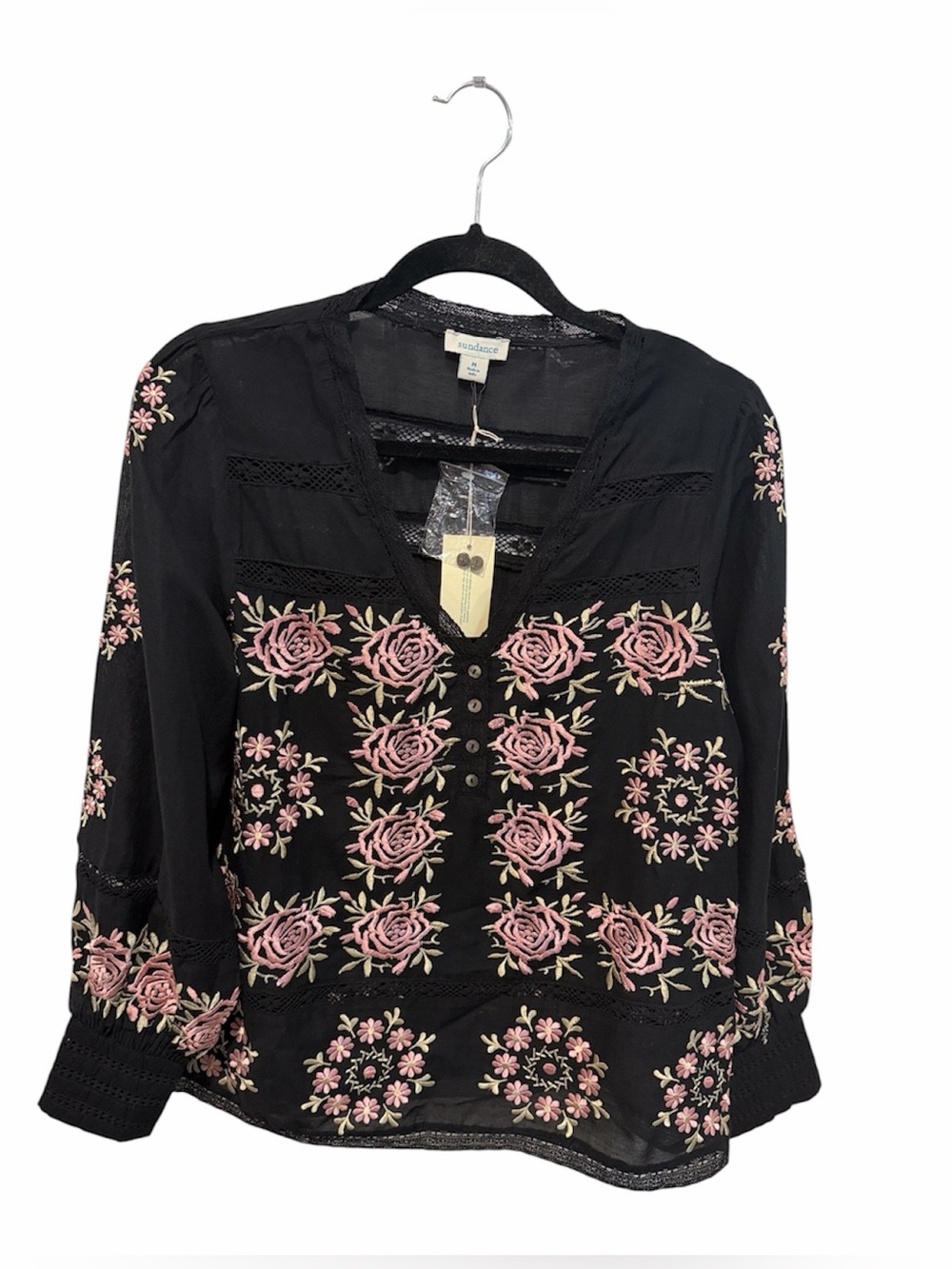 Sundance tresor bloom black long sleeve  floral embroidered blouse Med NWT
